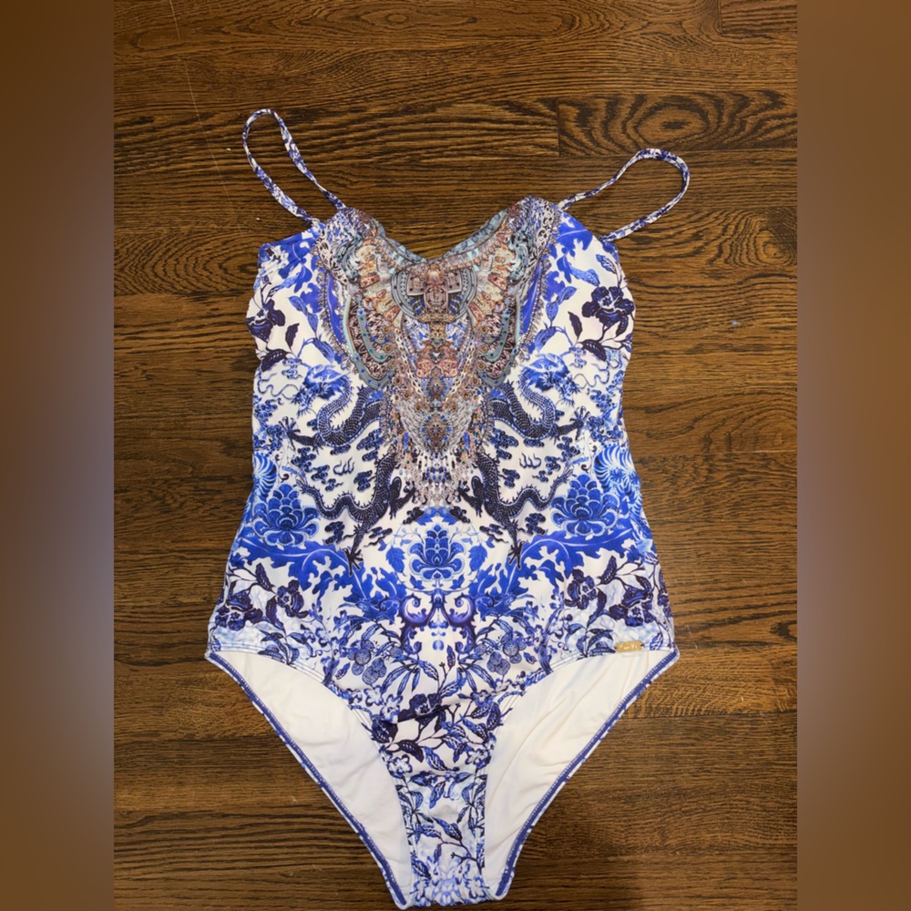 Camilla One Piece Swimsuit Blue White Print Size Large